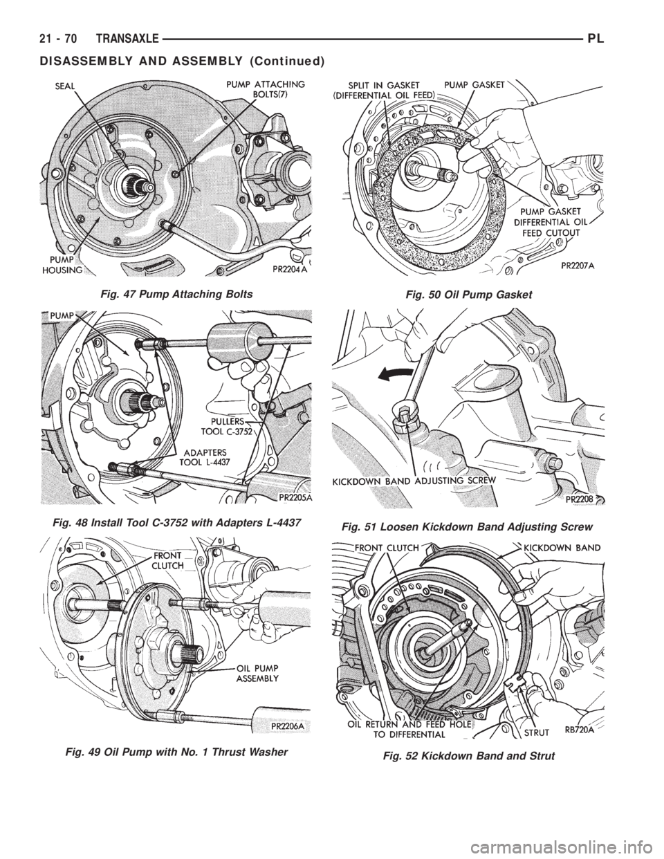 DODGE NEON 1999  Service Repair Manual Fig. 47 Pump Attaching Bolts
Fig. 48 Install Tool C-3752 with Adapters L-4437
Fig. 49 Oil Pump with No. 1 Thrust Washer
Fig. 50 Oil Pump Gasket
Fig. 51 Loosen Kickdown Band Adjusting Screw
Fig. 52 Kic