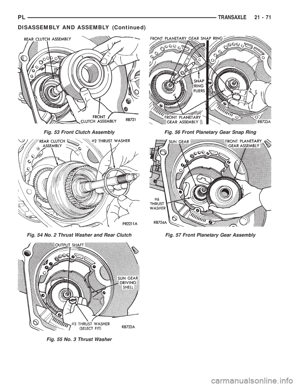 DODGE NEON 1999  Service Repair Manual Fig. 53 Front Clutch Assembly
Fig. 54 No. 2 Thrust Washer and Rear Clutch
Fig. 55 No. 3 Thrust Washer
Fig. 56 Front Planetary Gear Snap Ring
Fig. 57 Front Planetary Gear Assembly
PLTRANSAXLE 21 - 71
D