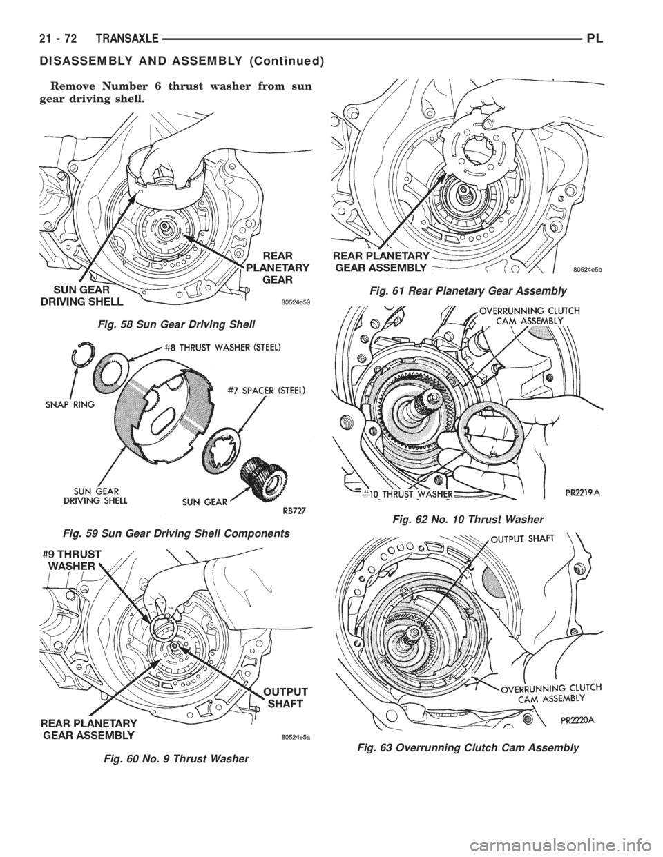 DODGE NEON 1999  Service Repair Manual Remove Number 6 thrust washer from sun
gear driving shell.
Fig. 58 Sun Gear Driving Shell
Fig. 59 Sun Gear Driving Shell Components
Fig. 60 No. 9 Thrust Washer
Fig. 61 Rear Planetary Gear Assembly
Fig