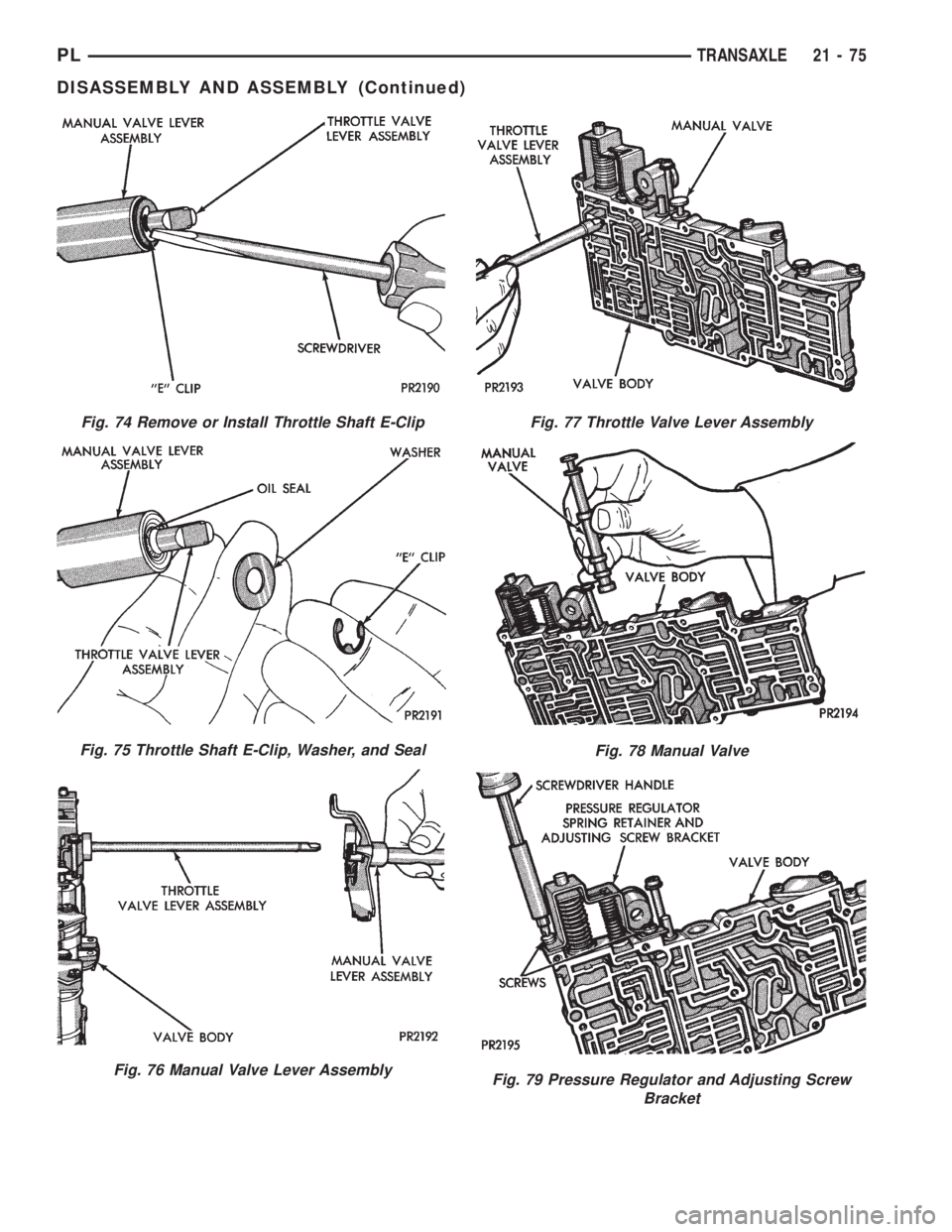 DODGE NEON 1999  Service Repair Manual Fig. 74 Remove or Install Throttle Shaft E-Clip
Fig. 75 Throttle Shaft E-Clip, Washer, and Seal
Fig. 76 Manual Valve Lever Assembly
Fig. 77 Throttle Valve Lever Assembly
Fig. 78 Manual Valve
Fig. 79 P