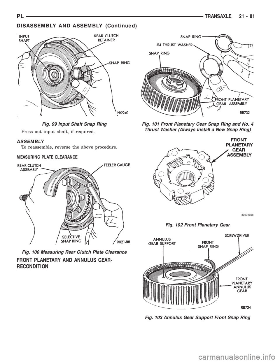 DODGE NEON 1999  Service Repair Manual Press out input shaft, if required.
ASSEMBLY
To reassemble, reverse the above procedure.
MEASURING PLATE CLEARANCE
FRONT PLANETARY AND ANNULUS GEAR-
RECONDITION
Fig. 99 Input Shaft Snap Ring
Fig. 100 