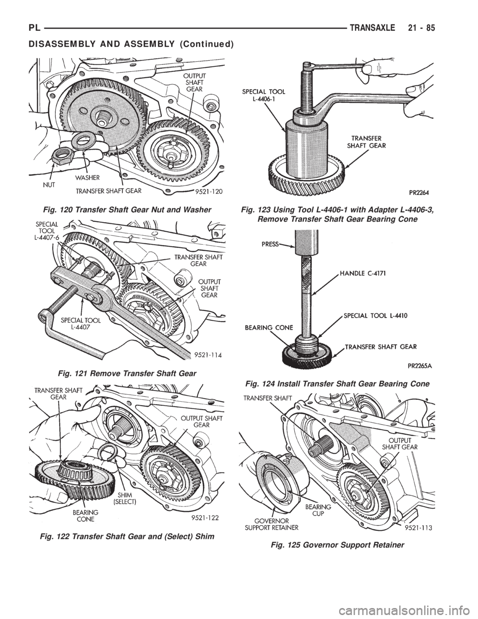 DODGE NEON 1999  Service Repair Manual Fig. 120 Transfer Shaft Gear Nut and Washer
Fig. 121 Remove Transfer Shaft Gear
Fig. 122 Transfer Shaft Gear and (Select) Shim
Fig. 123 Using Tool L-4406-1 with Adapter L-4406-3,
Remove Transfer Shaft