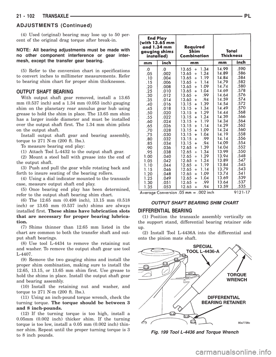 DODGE NEON 1999 Service Repair Manual (4) Used (original) bearing may lose up to 50 per-
cent of the original drag torque after break-in.
NOTE: All bearing adjustments must be made with
no other component interference or gear inter-
mesh, DODGE NEON 1999 Service Repair Manual (4) Used (original) bearing may lose up to 50 per-
cent of the original drag torque after break-in.
NOTE: All bearing adjustments must be made with
no other component interference or gear inter-
mesh,