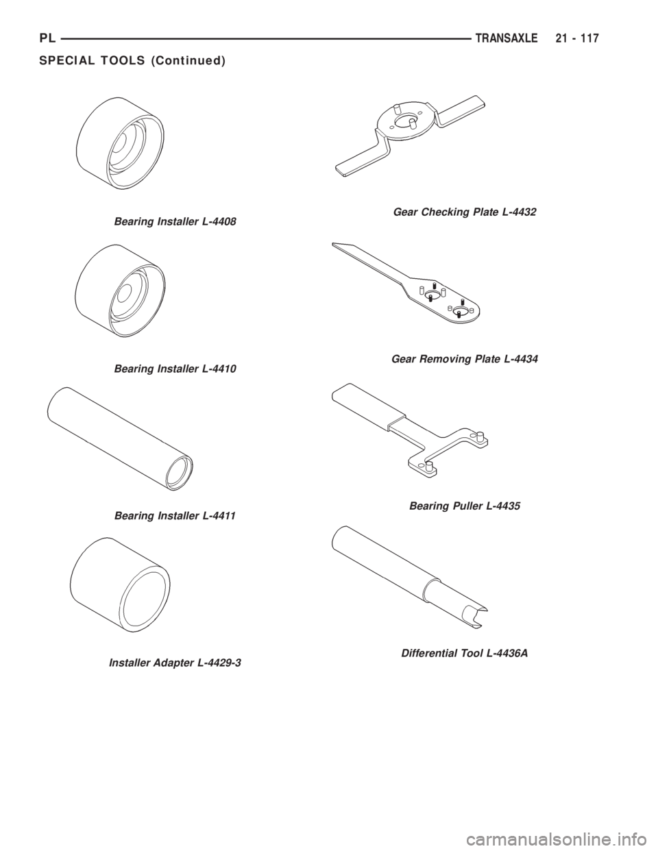 DODGE NEON 1999 Service Repair Manual Bearing Installer L-4408
Bearing Installer L-4410
Bearing Installer L-4411
Installer Adapter L-4429-3
Gear Checking Plate L-4432
Gear Removing Plate L-4434
Bearing Puller L-4435
Differential Tool L-44 DODGE NEON 1999 Service Repair Manual Bearing Installer L-4408
Bearing Installer L-4410
Bearing Installer L-4411
Installer Adapter L-4429-3
Gear Checking Plate L-4432
Gear Removing Plate L-4434
Bearing Puller L-4435
Differential Tool L-44