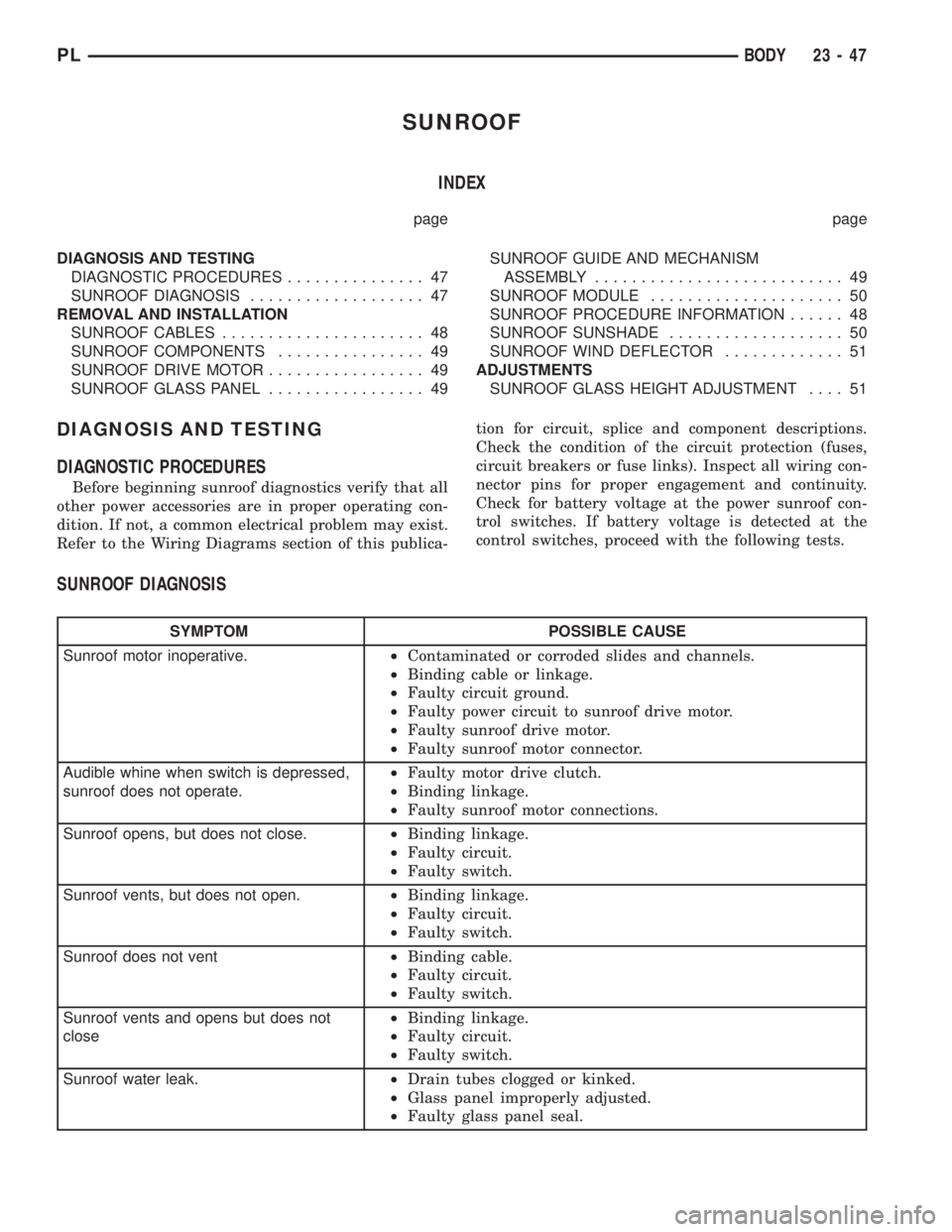 DODGE NEON 1999  Service Repair Manual SUNROOF
INDEX
page page
DIAGNOSIS AND TESTING
DIAGNOSTIC PROCEDURES............... 47
SUNROOF DIAGNOSIS................... 47
REMOVAL AND INSTALLATION
SUNROOF CABLES...................... 48
SUNROOF C