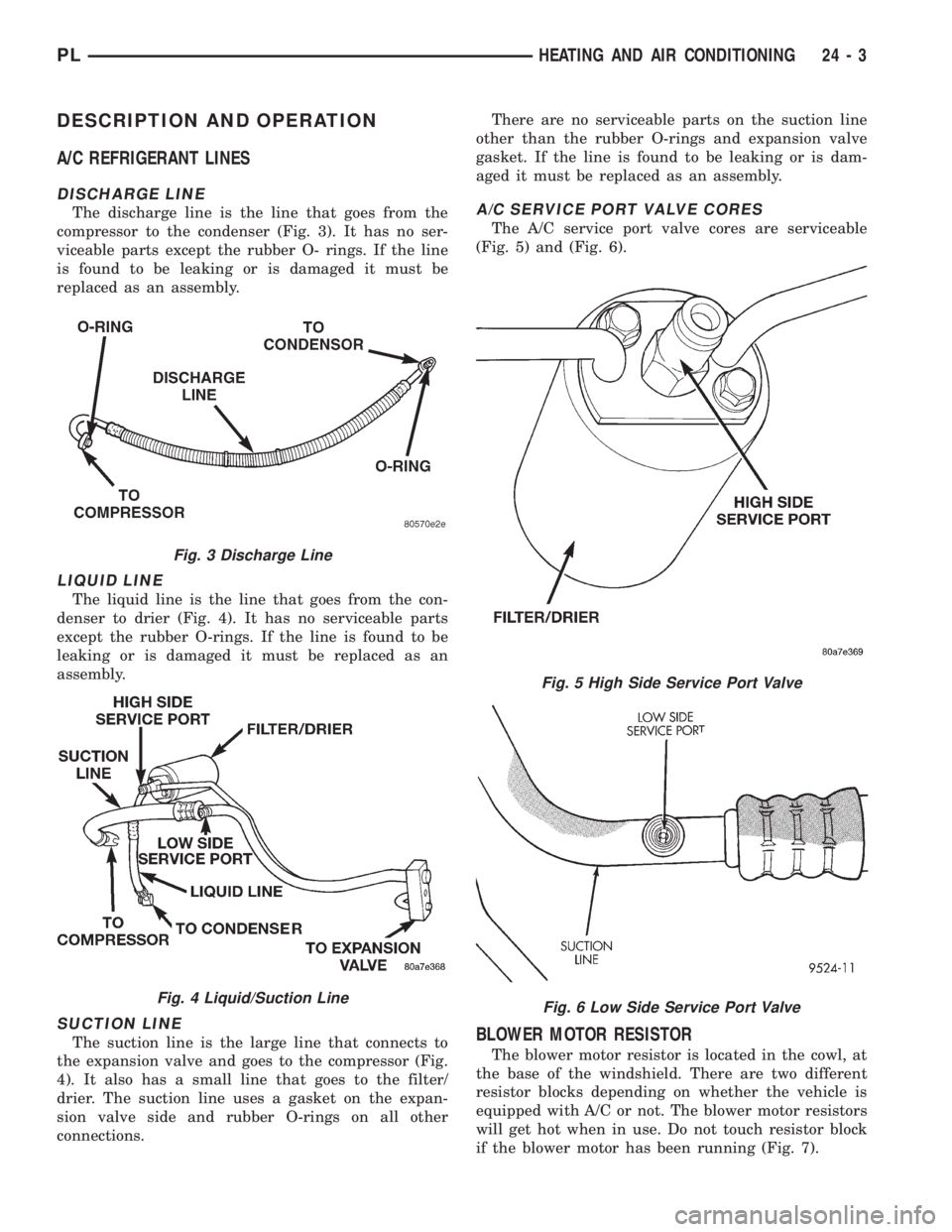 DODGE NEON 1999 Service Repair Manual DESCRIPTION AND OPERATION
A/C REFRIGERANT LINES
DISCHARGE LINE
The discharge line is the line that goes from the
compressor to the condenser (Fig. 3). It has no ser-
viceable parts except the rubber O DODGE NEON 1999 Service Repair Manual DESCRIPTION AND OPERATION
A/C REFRIGERANT LINES
DISCHARGE LINE
The discharge line is the line that goes from the
compressor to the condenser (Fig. 3). It has no ser-
viceable parts except the rubber O