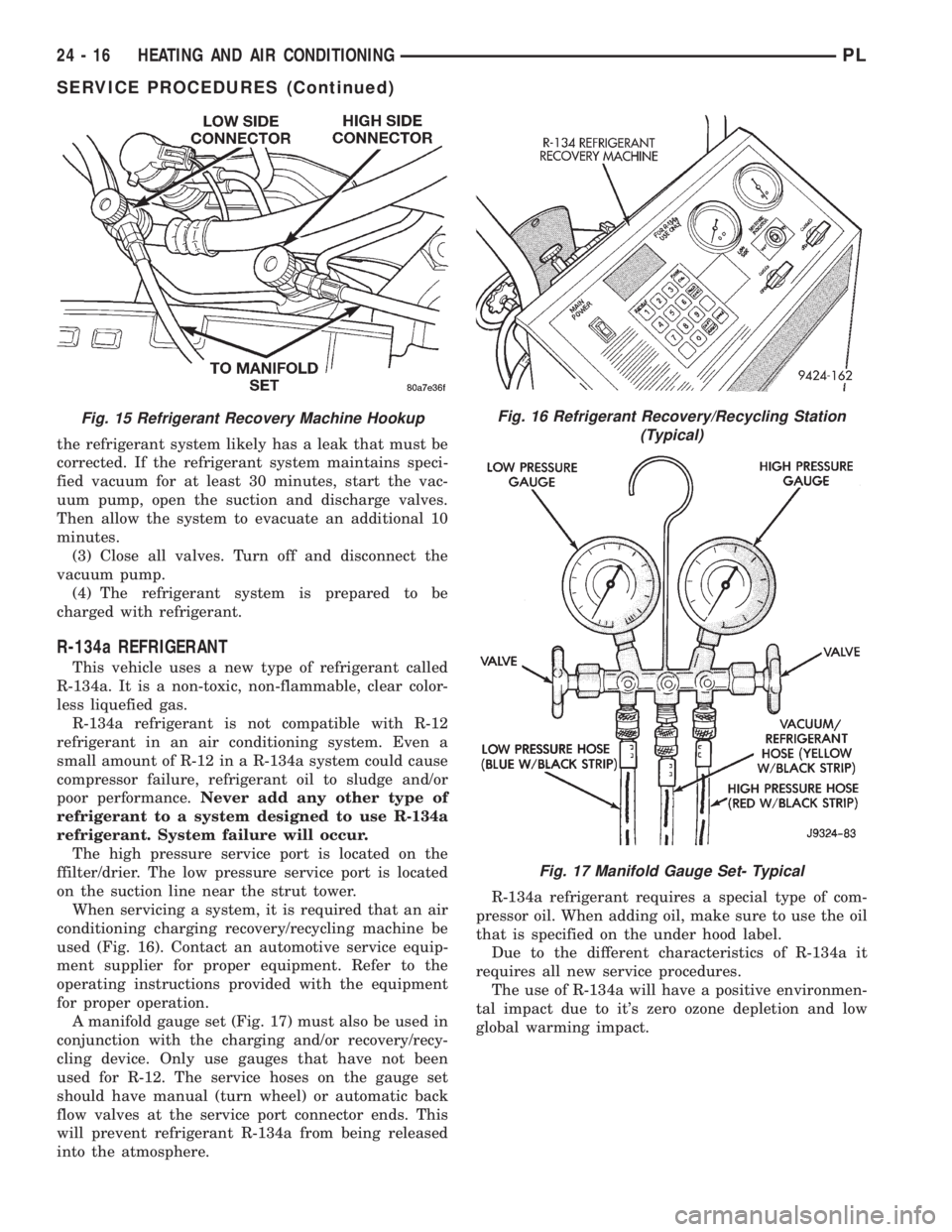 DODGE NEON 1999  Service Repair Manual the refrigerant system likely has a leak that must be
corrected. If the refrigerant system maintains speci-
fied vacuum for at least 30 minutes, start the vac-
uum pump, open the suction and discharge