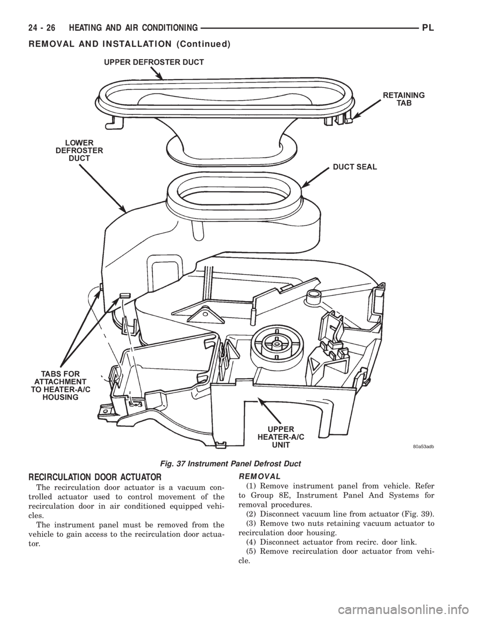 DODGE NEON 1999  Service Repair Manual RECIRCULATION DOOR ACTUATOR
The recirculation door actuator is a vacuum con-
trolled actuator used to control movement of the
recirculation door in air conditioned equipped vehi-
cles.
The instrument 