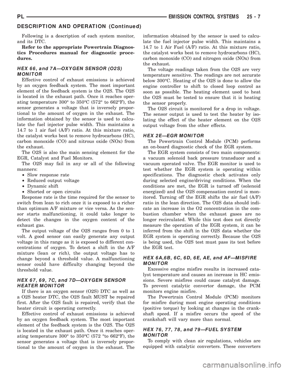 DODGE NEON 1999 Service Repair Manual Following is a description of each system monitor,
and its DTC.
Refer to the appropriate Powertrain Diagnos-
tics Procedures manual for diagnostic proce-
dures.
HEX 66, and 7AÐOXYGEN SENSOR (O2S)
MON DODGE NEON 1999 Service Repair Manual Following is a description of each system monitor,
and its DTC.
Refer to the appropriate Powertrain Diagnos-
tics Procedures manual for diagnostic proce-
dures.
HEX 66, and 7AÐOXYGEN SENSOR (O2S)
MON