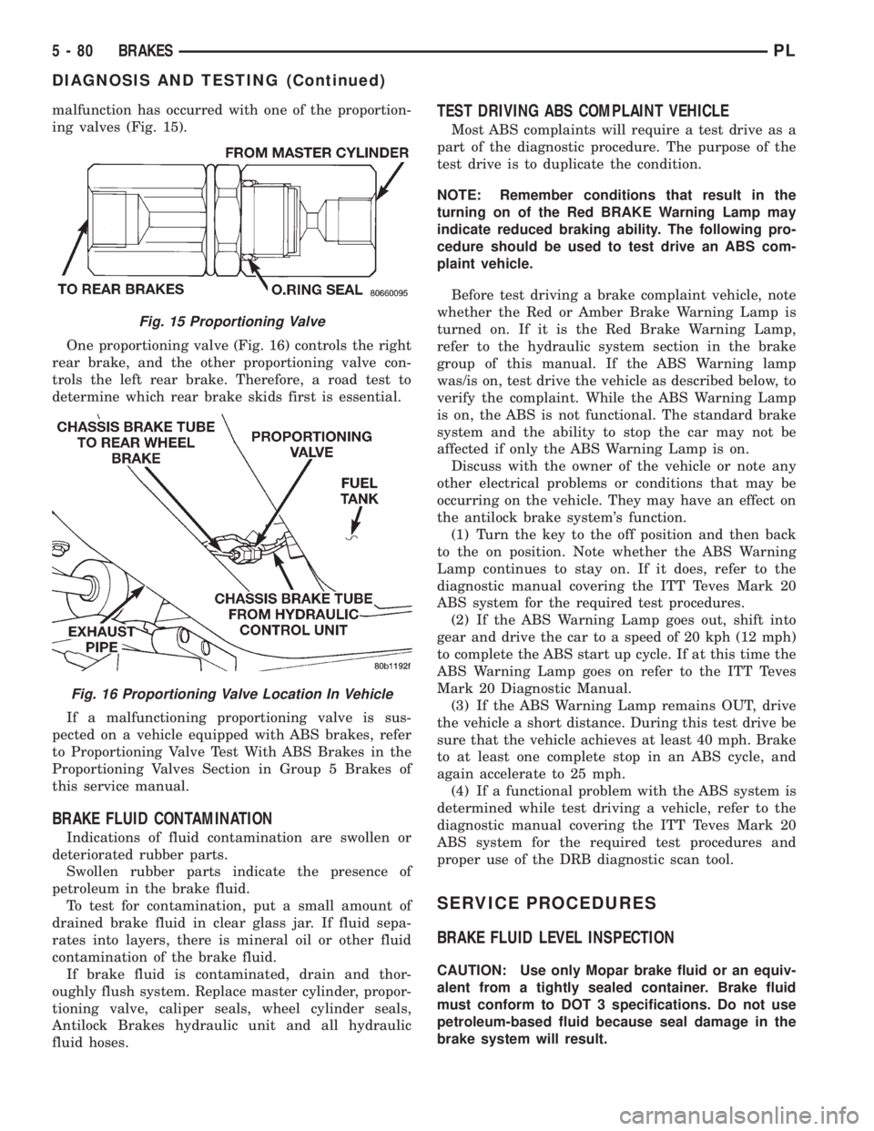 DODGE NEON 1999 Service Repair Manual malfunction has occurred with one of the proportion-
ing valves (Fig. 15).
One proportioning valve (Fig. 16) controls the right
rear brake, and the other proportioning valve con-
trols the left rear b DODGE NEON 1999 Service Repair Manual malfunction has occurred with one of the proportion-
ing valves (Fig. 15).
One proportioning valve (Fig. 16) controls the right
rear brake, and the other proportioning valve con-
trols the left rear b