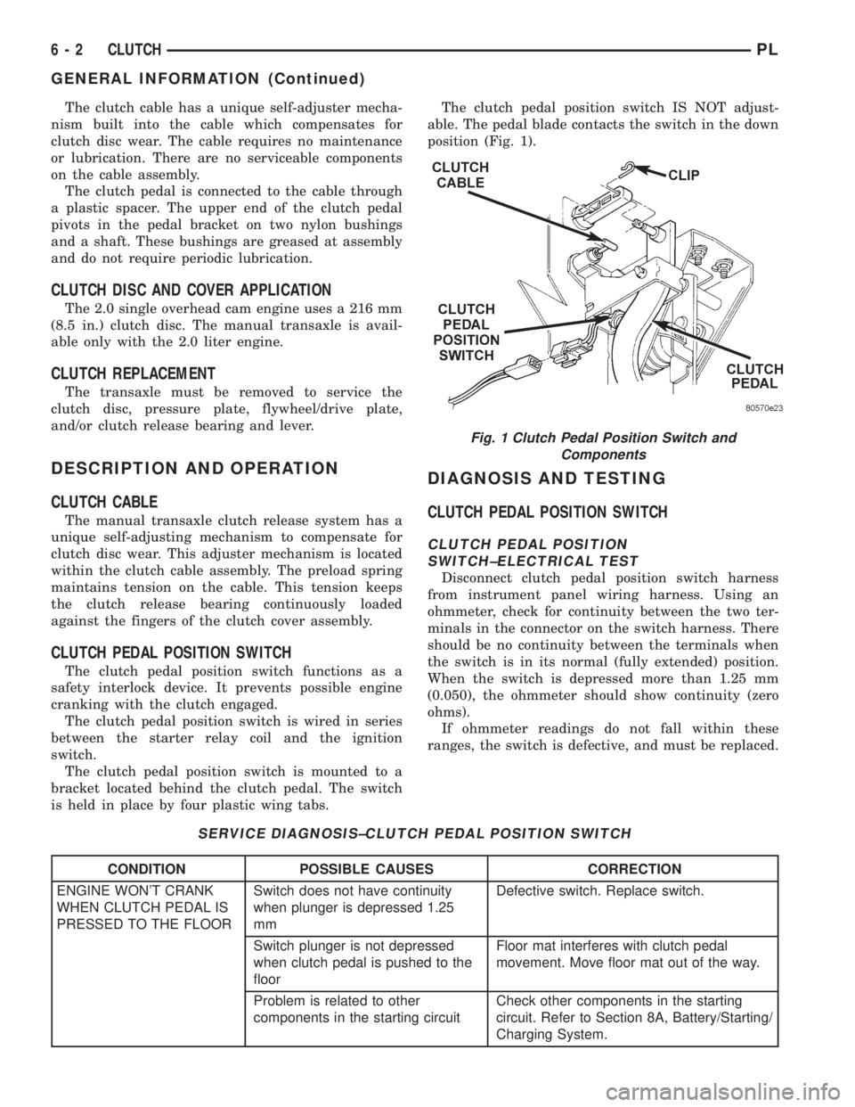 DODGE NEON 1999  Service Repair Manual The clutch cable has a unique self-adjuster mecha-
nism built into the cable which compensates for
clutch disc wear. The cable requires no maintenance
or lubrication. There are no serviceable componen