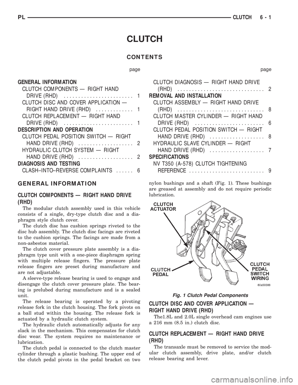 DODGE NEON 1999 Service Repair Manual CLUTCH
CONTENTS
page page
GENERAL INFORMATION
CLUTCH COMPONENTS Ð RIGHT HAND
DRIVE (RHD)........................ 1
CLUTCH DISC AND COVER APPLICATION Ð
RIGHT HAND DRIVE (RHD)............. 1
CLUTCH RE DODGE NEON 1999 Service Repair Manual CLUTCH
CONTENTS
page page
GENERAL INFORMATION
CLUTCH COMPONENTS Ð RIGHT HAND
DRIVE (RHD)........................ 1
CLUTCH DISC AND COVER APPLICATION Ð
RIGHT HAND DRIVE (RHD)............. 1
CLUTCH RE