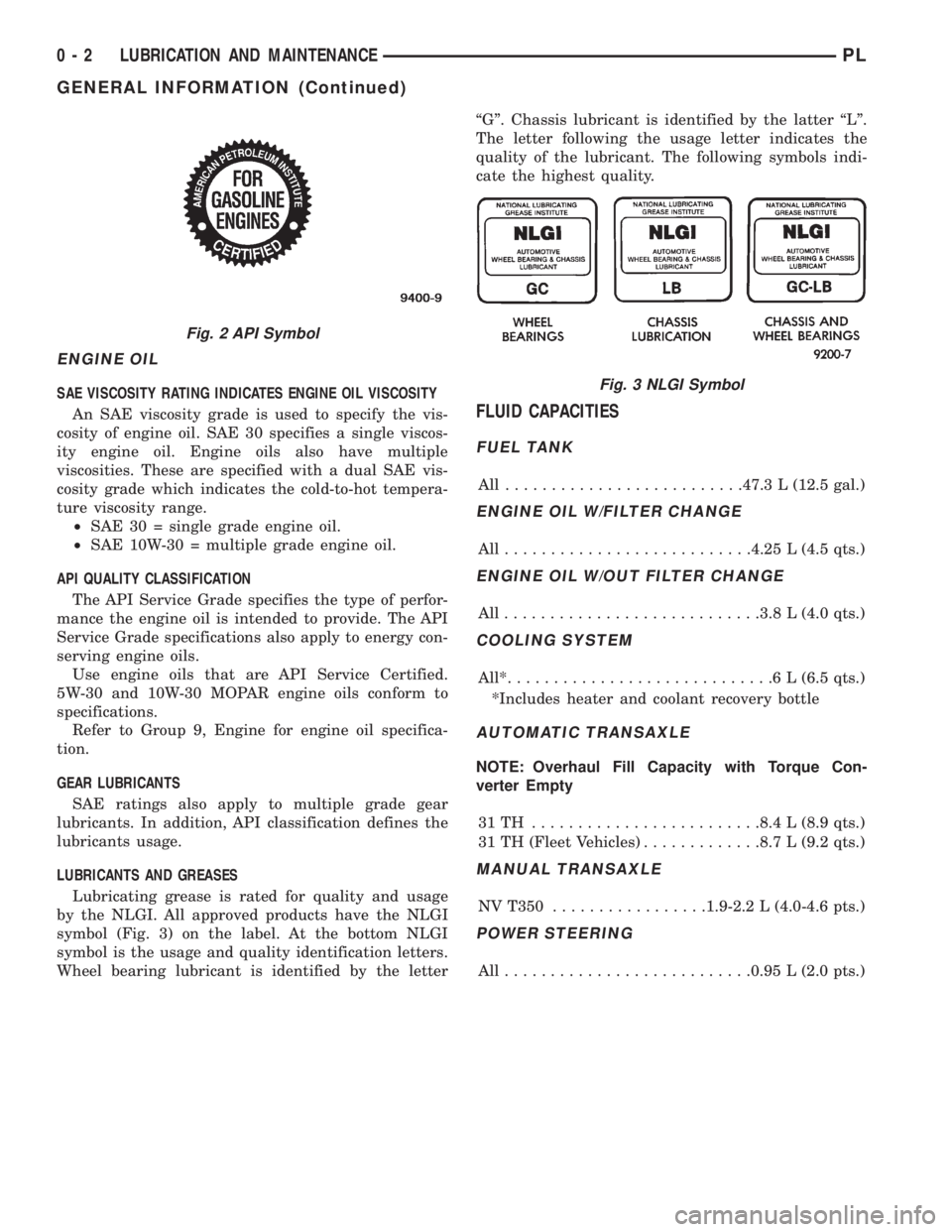 DODGE NEON 1999 Service Repair Manual ENGINE OIL
SAE VISCOSITY RATING INDICATES ENGINE OIL VISCOSITY
An SAE viscosity grade is used to specify the vis-
cosity of engine oil. SAE 30 specifies a single viscos-
ity engine oil. Engine oils al DODGE NEON 1999 Service Repair Manual ENGINE OIL
SAE VISCOSITY RATING INDICATES ENGINE OIL VISCOSITY
An SAE viscosity grade is used to specify the vis-
cosity of engine oil. SAE 30 specifies a single viscos-
ity engine oil. Engine oils al