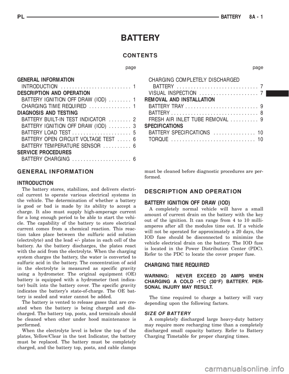 DODGE NEON 1999 Service Repair Manual BATTERY
CONTENTS
page page
GENERAL INFORMATION
INTRODUCTION......................... 1
DESCRIPTION AND OPERATION
BATTERY IGNITION OFF DRAW (IOD)........ 1
CHARGING TIME REQUIRED............... 1
DIAGN DODGE NEON 1999 Service Repair Manual BATTERY
CONTENTS
page page
GENERAL INFORMATION
INTRODUCTION......................... 1
DESCRIPTION AND OPERATION
BATTERY IGNITION OFF DRAW (IOD)........ 1
CHARGING TIME REQUIRED............... 1
DIAGN