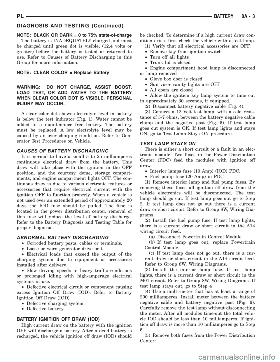 DODGE NEON 1999 Service Repair Manual NOTE: BLACK OR DARK=0to75%state-of-charge
The battery is INADEQUATELY charged and must
be charged until green dot is visible, (12.4 volts or
greater) before the battery is tested or returned to
use. R DODGE NEON 1999 Service Repair Manual NOTE: BLACK OR DARK=0to75%state-of-charge
The battery is INADEQUATELY charged and must
be charged until green dot is visible, (12.4 volts or
greater) before the battery is tested or returned to
use. R