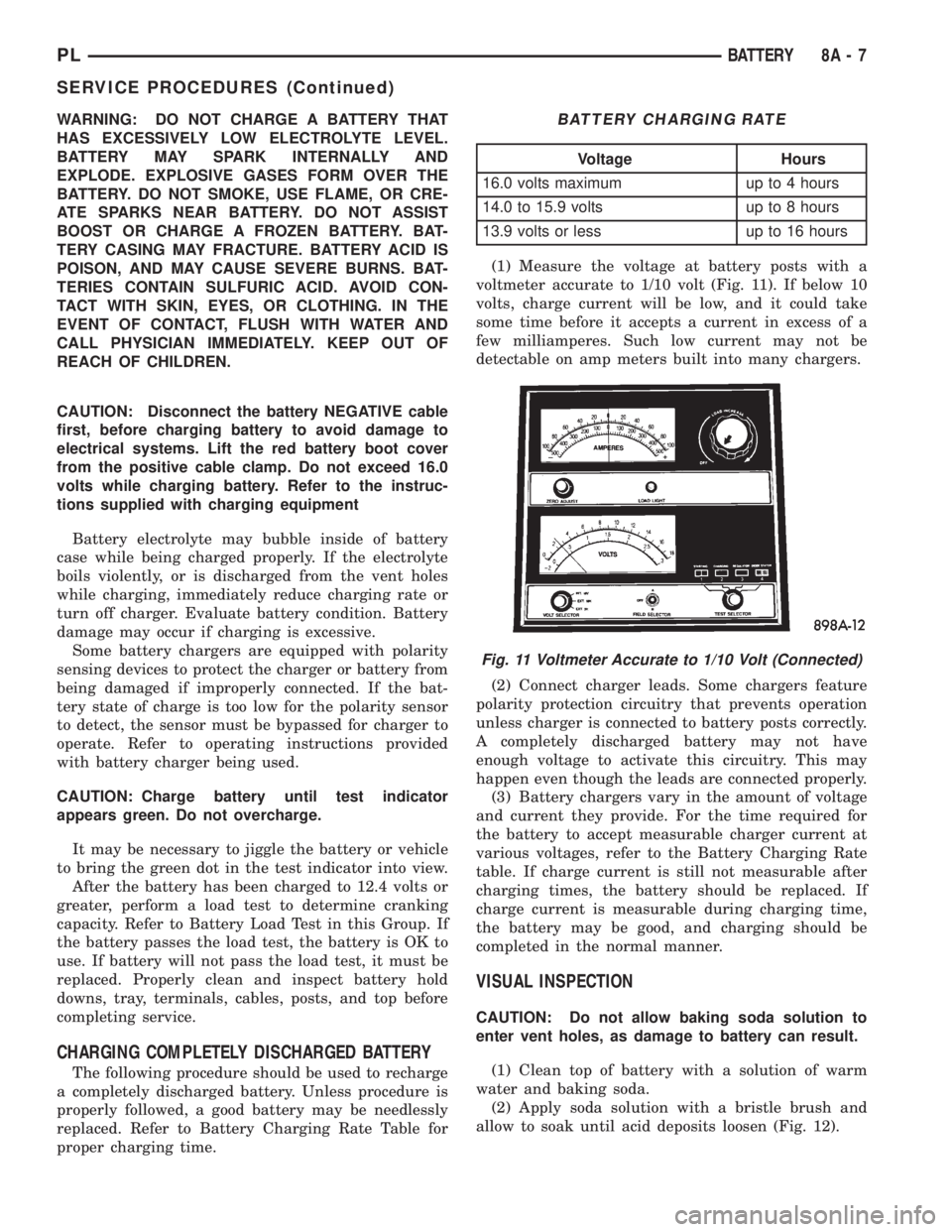 DODGE NEON 1999 Service Repair Manual WARNING: DO NOT CHARGE A BATTERY THAT
HAS EXCESSIVELY LOW ELECTROLYTE LEVEL.
BATTERY MAY SPARK INTERNALLY AND
EXPLODE. EXPLOSIVE GASES FORM OVER THE
BATTERY. DO NOT SMOKE, USE FLAME, OR CRE-
ATE SPARK DODGE NEON 1999 Service Repair Manual WARNING: DO NOT CHARGE A BATTERY THAT
HAS EXCESSIVELY LOW ELECTROLYTE LEVEL.
BATTERY MAY SPARK INTERNALLY AND
EXPLODE. EXPLOSIVE GASES FORM OVER THE
BATTERY. DO NOT SMOKE, USE FLAME, OR CRE-
ATE SPARK