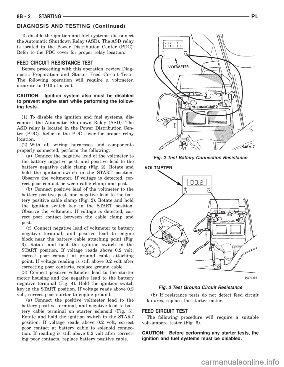 DODGE NEON 1999 Service Repair Manual To disable the ignition and fuel systems, disconnect
the Automatic Shutdown Relay (ASD). The ASD relay
is located in the Power Distribution Center (PDC).
Refer to the PDC cover for proper relay locati DODGE NEON 1999 Service Repair Manual To disable the ignition and fuel systems, disconnect
the Automatic Shutdown Relay (ASD). The ASD relay
is located in the Power Distribution Center (PDC).
Refer to the PDC cover for proper relay locati