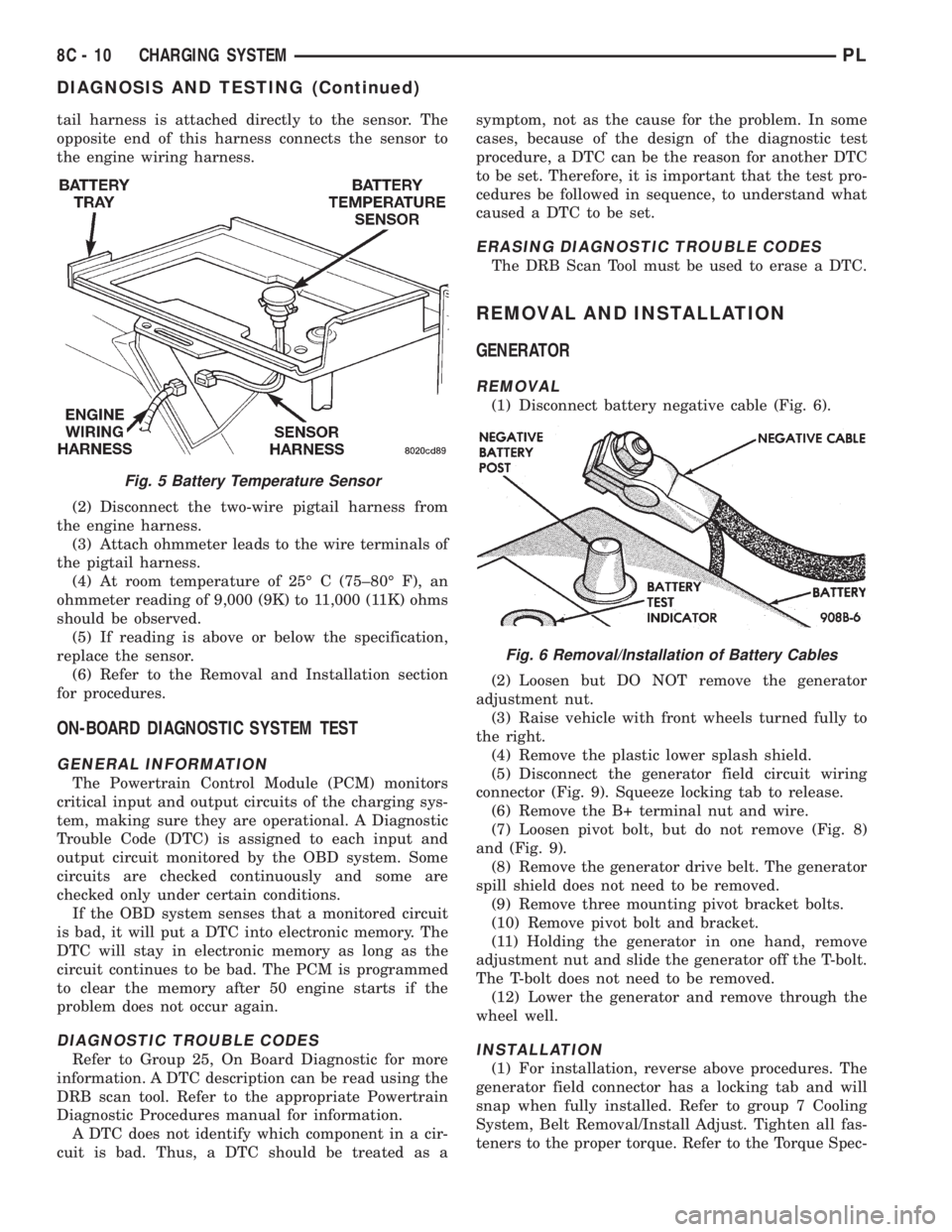 DODGE NEON 1999 Service Repair Manual tail harness is attached directly to the sensor. The
opposite end of this harness connects the sensor to
the engine wiring harness.
(2) Disconnect the two-wire pigtail harness from
the engine harness. DODGE NEON 1999 Service Repair Manual tail harness is attached directly to the sensor. The
opposite end of this harness connects the sensor to
the engine wiring harness.
(2) Disconnect the two-wire pigtail harness from
the engine harness.