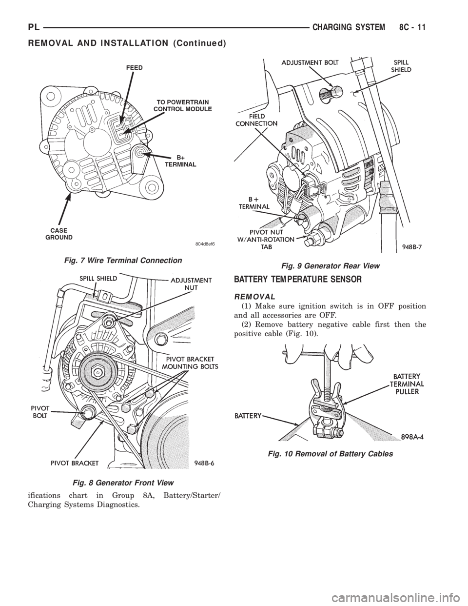 DODGE NEON 1999 Service Repair Manual ifications chart in Group 8A, Battery/Starter/
Charging Systems Diagnostics.
BATTERY TEMPERATURE SENSOR
REMOVAL
(1) Make sure ignition switch is in OFF position
and all accessories are OFF.
(2) Remove DODGE NEON 1999 Service Repair Manual ifications chart in Group 8A, Battery/Starter/
Charging Systems Diagnostics.
BATTERY TEMPERATURE SENSOR
REMOVAL
(1) Make sure ignition switch is in OFF position
and all accessories are OFF.
(2) Remove