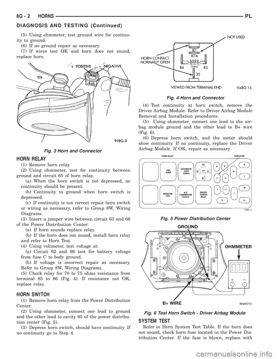 DODGE NEON 1999 Service Repair Manual (5) Using ohmmeter, test ground wire for continu-
ity to ground.
(6) If no ground repair as necessary.
(7) If wires test OK and horn does not sound,
replace horn.
HORN RELAY
(1) Remove horn relay.
(2) DODGE NEON 1999 Service Repair Manual (5) Using ohmmeter, test ground wire for continu-
ity to ground.
(6) If no ground repair as necessary.
(7) If wires test OK and horn does not sound,
replace horn.
HORN RELAY
(1) Remove horn relay.
(2)