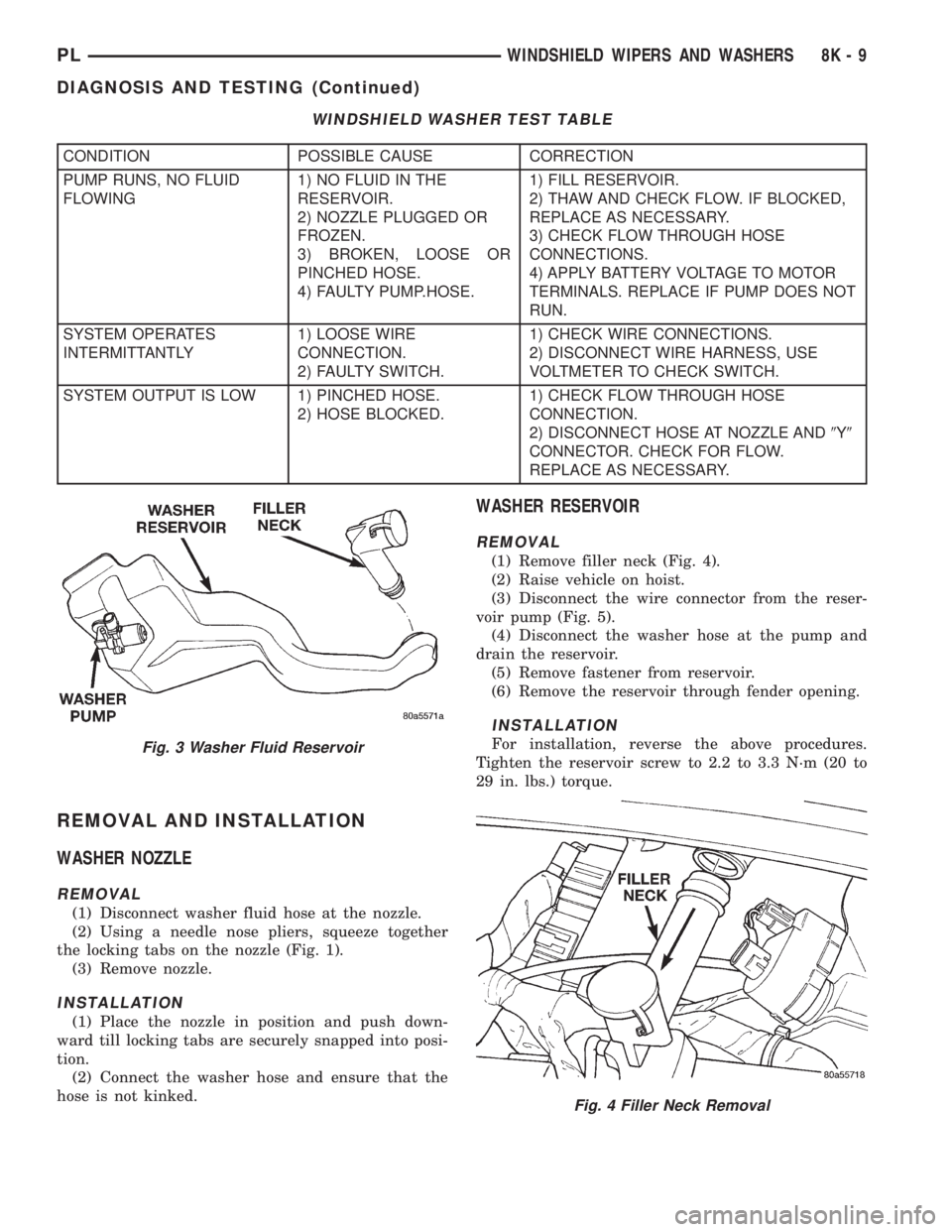 DODGE NEON 1999  Service Repair Manual REMOVAL AND INSTALLATION
WASHER NOZZLE
REMOVAL
(1) Disconnect washer fluid hose at the nozzle.
(2) Using a needle nose pliers, squeeze together
the locking tabs on the nozzle (Fig. 1).
(3) Remove nozz