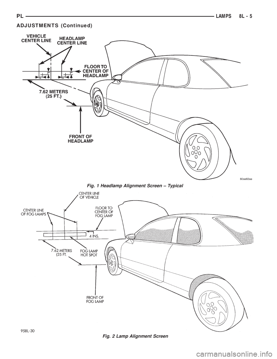 DODGE NEON 1999  Service Repair Manual Fig. 1 Headlamp Alignment Screen ± Typical
Fig. 2 Lamp Alignment Screen
PLLAMPS 8L - 5
ADJUSTMENTS (Continued) 