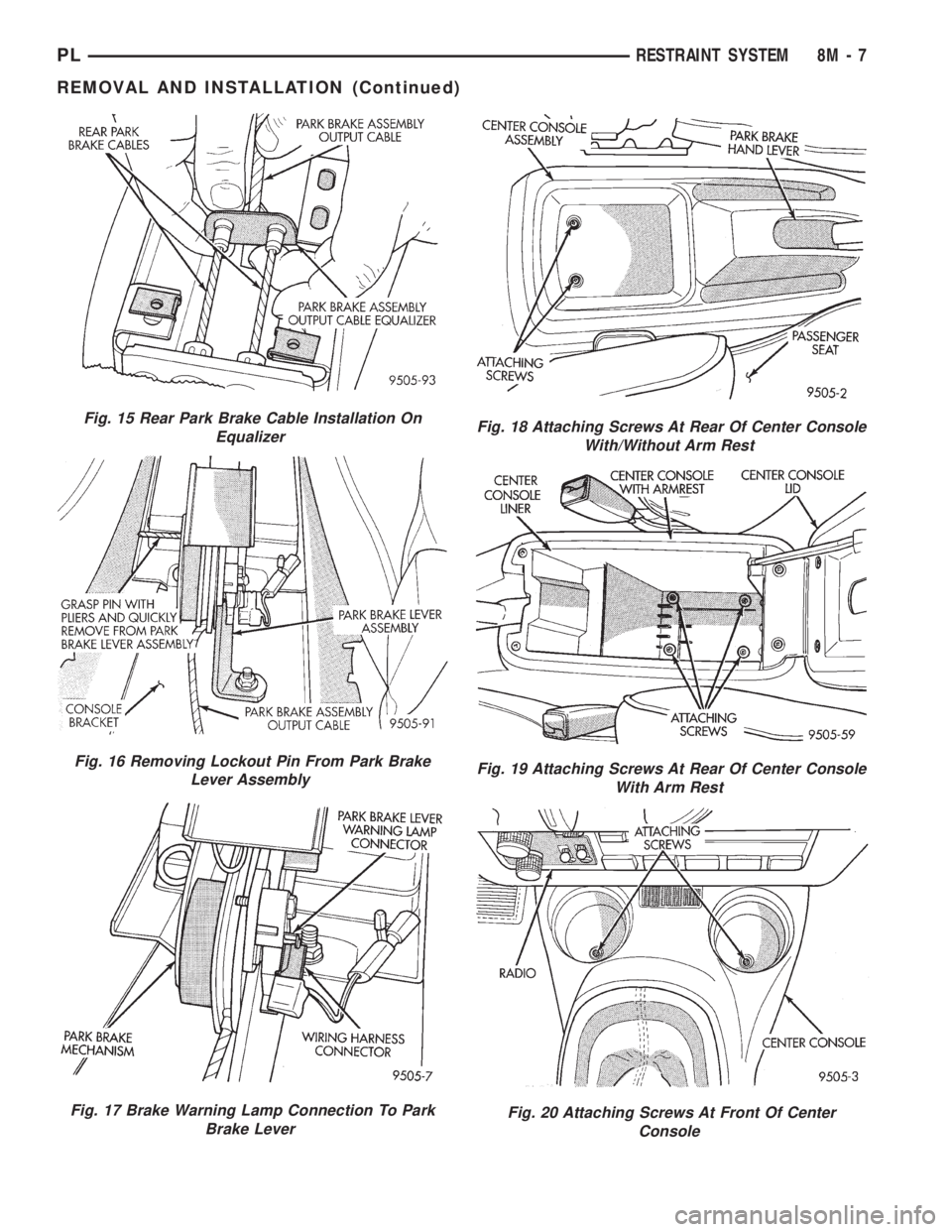 DODGE NEON 1999  Service Repair Manual Fig. 15 Rear Park Brake Cable Installation On
Equalizer
Fig. 16 Removing Lockout Pin From Park Brake
Lever Assembly
Fig. 17 Brake Warning Lamp Connection To Park
Brake Lever
Fig. 18 Attaching Screws A
