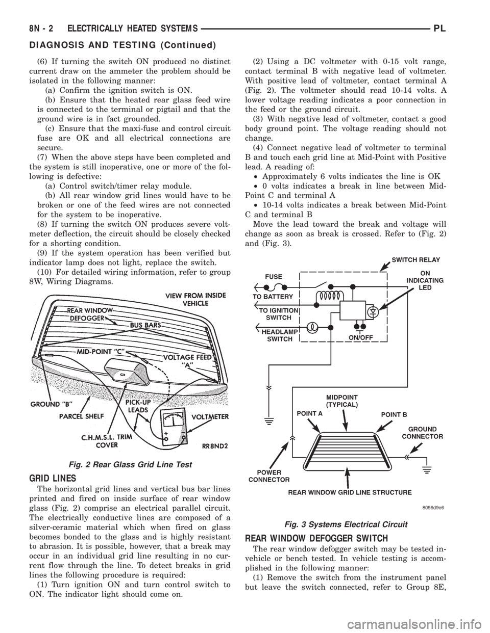 DODGE NEON 1999 Service Repair Manual (6) If turning the switch ON produced no distinct
current draw on the ammeter the problem should be
isolated in the following manner:
(a) Confirm the ignition switch is ON.
(b) Ensure that the heated DODGE NEON 1999 Service Repair Manual (6) If turning the switch ON produced no distinct
current draw on the ammeter the problem should be
isolated in the following manner:
(a) Confirm the ignition switch is ON.
(b) Ensure that the heated