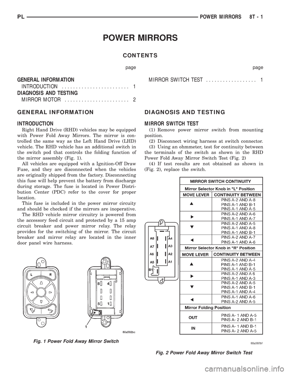 DODGE NEON 1999  Service Repair Manual POWER MIRRORS
CONTENTS
page page
GENERAL INFORMATION
INTRODUCTION........................ 1
DIAGNOSIS AND TESTING
MIRROR MOTOR....................... 2MIRROR SWITCH TEST.................. 1
GENERAL IN