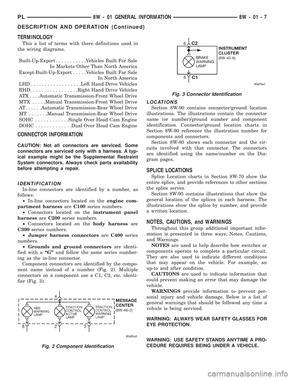 DODGE NEON 1999 Service Repair Manual TERMINOLOGY
This a list of terms with there definitions used in
the wiring diagrams.
Built-Up-Export...........Vehicles Built For Sale
In Markets Other Than North America
Except-Built-Up-Export.....Ve DODGE NEON 1999 Service Repair Manual TERMINOLOGY
This a list of terms with there definitions used in
the wiring diagrams.
Built-Up-Export...........Vehicles Built For Sale
In Markets Other Than North America
Except-Built-Up-Export.....Ve