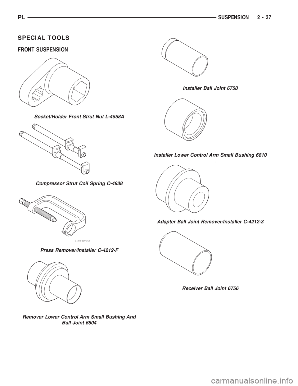 DODGE NEON 1999  Service Service Manual SPECIAL TOOLS
FRONT SUSPENSION
Socket/Holder Front Strut Nut L-4558A
Compressor Strut Coil Spring C-4838
Press Remover/Installer C-4212-F
Remover Lower Control Arm Small Bushing And
Ball Joint 6804
In