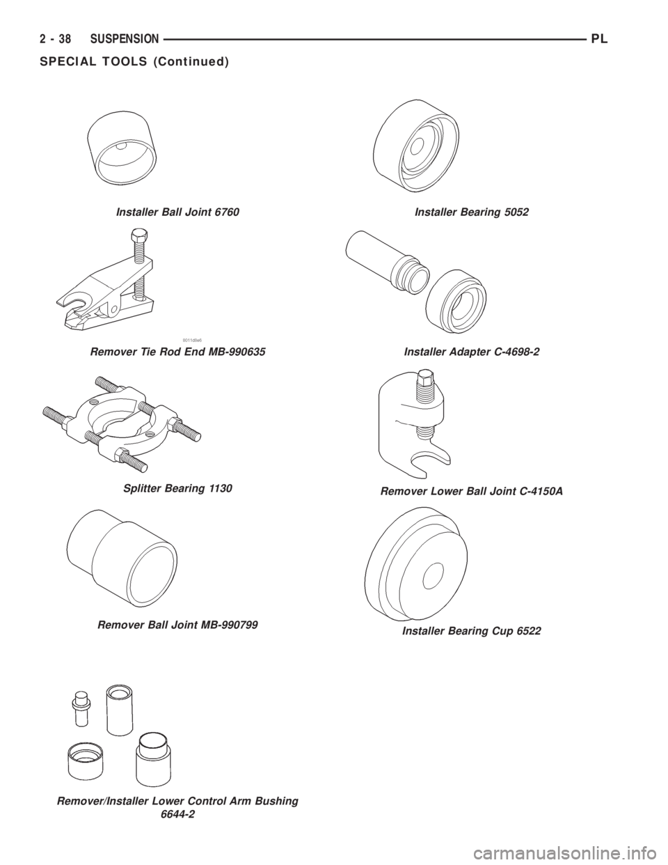 DODGE NEON 1999  Service Service Manual Remover/Installer Lower Control Arm Bushing
6644-2
Installer Ball Joint 6760
Remover Tie Rod End MB-990635
Splitter Bearing 1130
Remover Ball Joint MB-990799
Installer Bearing 5052
Installer Adapter C