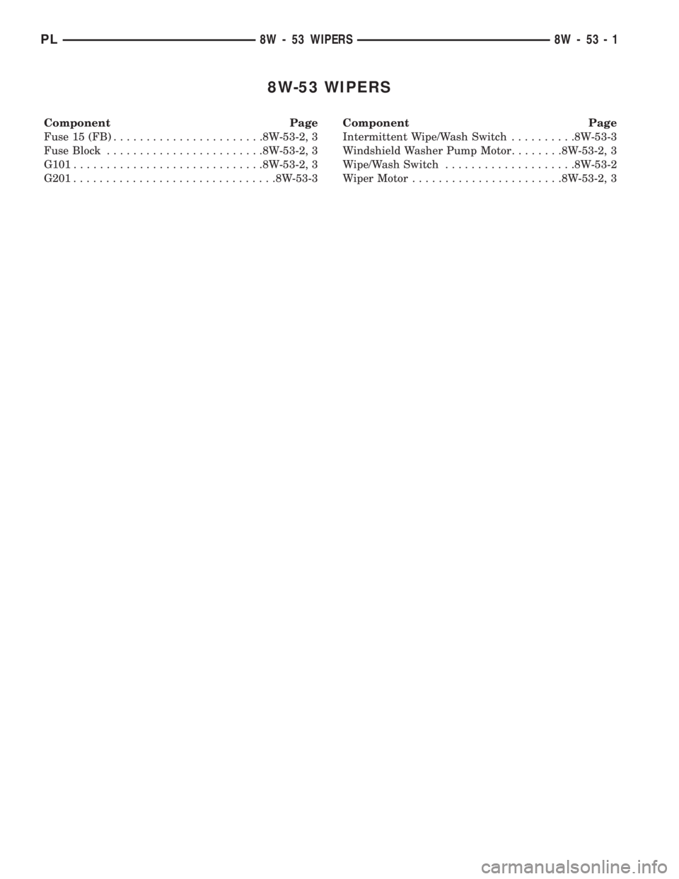 DODGE NEON 1999  Service Repair Manual 8W-53 WIPERS
Component Page
Fuse 15 (FB).......................8W-53-2, 3
Fuse Block........................8W-53-2, 3
G101.............................8W-53-2, 3
G201...............................8W