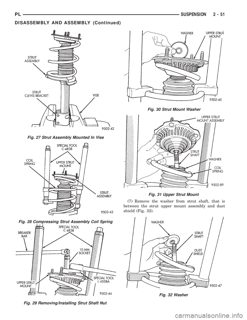 DODGE NEON 1999  Service Manual PDF (7) Remove the washer from strut shaft, that is
between the strut upper mount assembly and dust
shield (Fig. 32).
Fig. 27 Strut Assembly Mounted In Vise
Fig. 28 Compressing Strut Assembly Coil Spring
