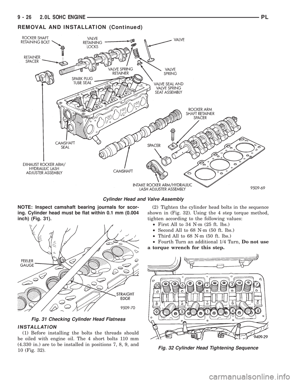 DODGE NEON 1999  Service Repair Manual NOTE: Inspect camshaft bearing journals for scor-
ing. Cylinder head must be flat within 0.1 mm (0.004
inch) (Fig. 31).
INSTALLATION
(1) Before installing the bolts the threads should
be oiled with en