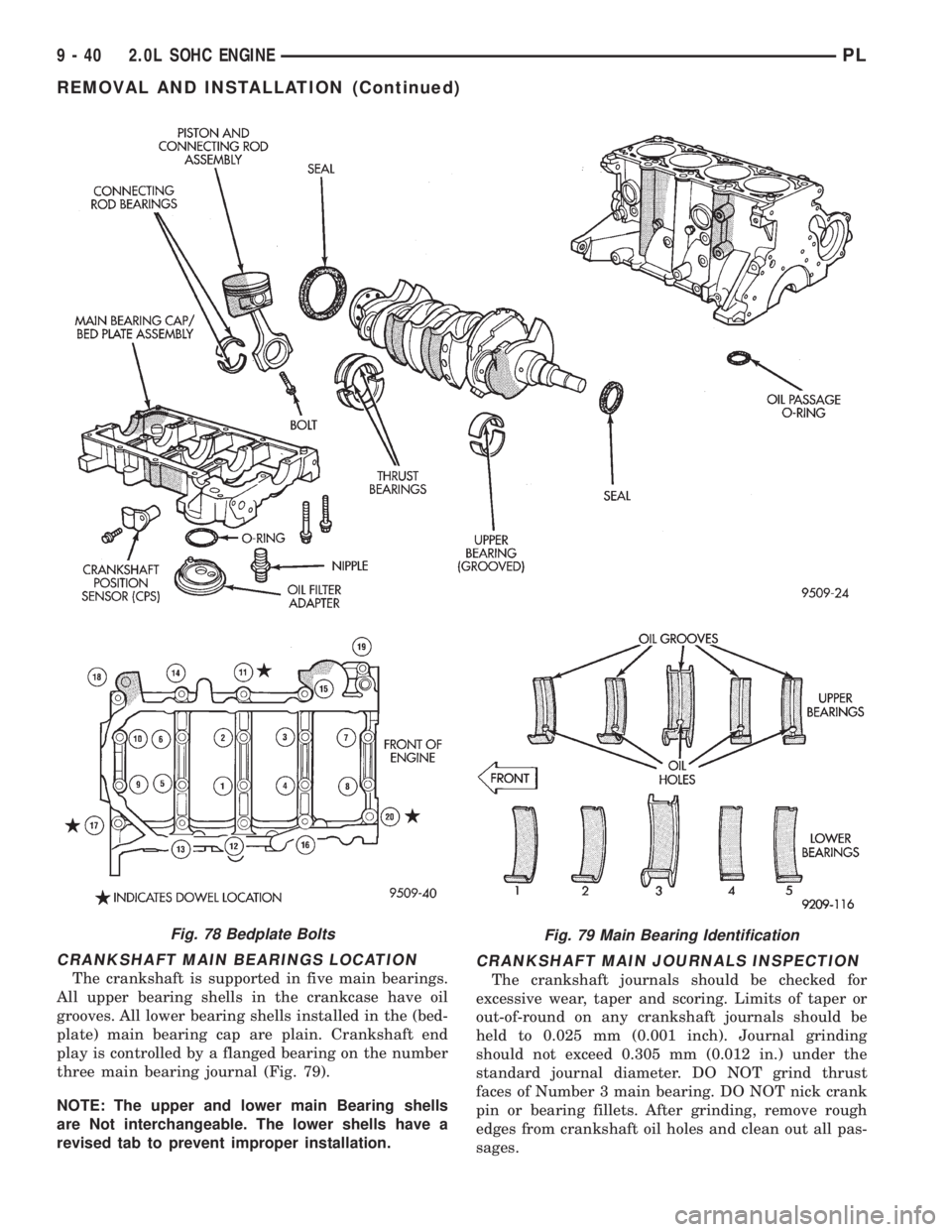 DODGE NEON 1999 Service Repair Manual CRANKSHAFT MAIN BEARINGS LOCATION
The crankshaft is supported in five main bearings.
All upper bearing shells in the crankcase have oil
grooves. All lower bearing shells installed in the (bed-
plate) DODGE NEON 1999 Service Repair Manual CRANKSHAFT MAIN BEARINGS LOCATION
The crankshaft is supported in five main bearings.
All upper bearing shells in the crankcase have oil
grooves. All lower bearing shells installed in the (bed-
plate)