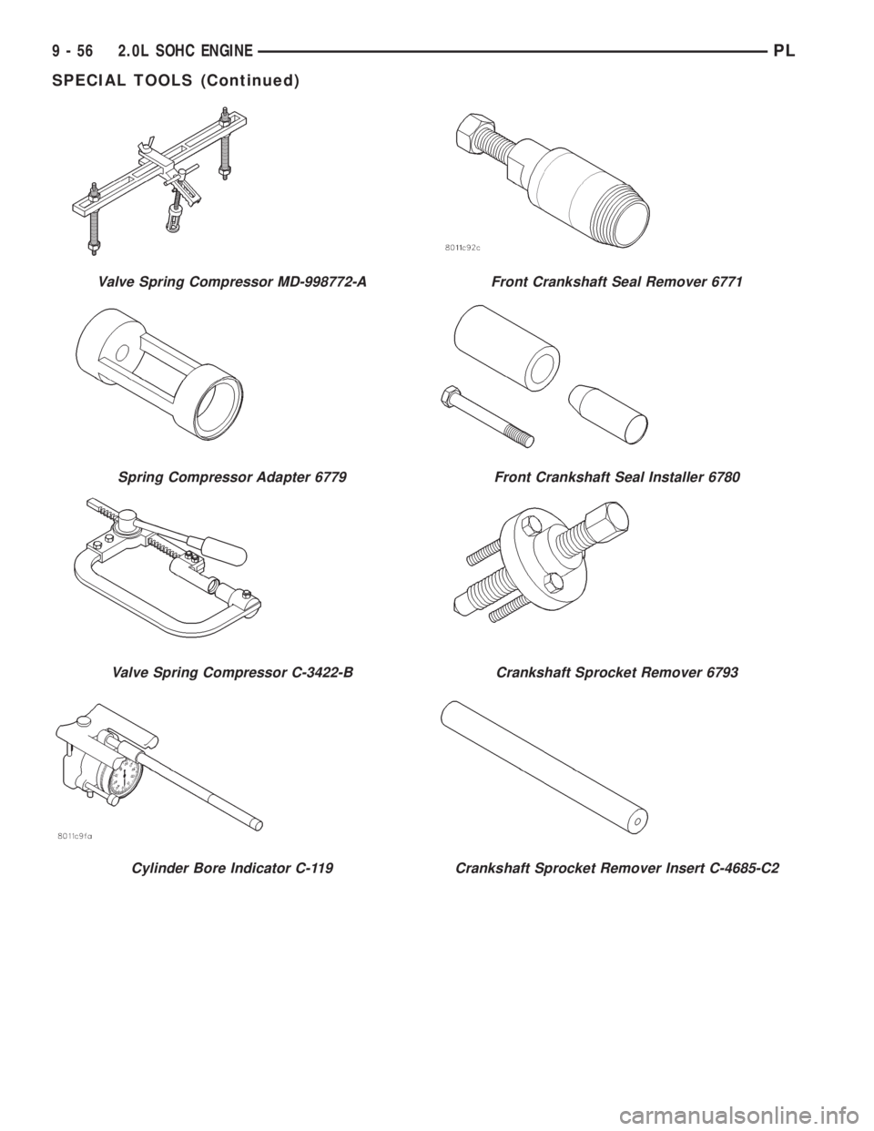 DODGE NEON 1999  Service Repair Manual Valve Spring Compressor MD-998772-A
Spring Compressor Adapter 6779
Valve Spring Compressor C-3422-B
Cylinder Bore Indicator C-119
Front Crankshaft Seal Remover 6771
Front Crankshaft Seal Installer 678