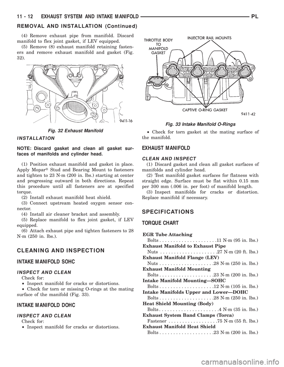 DODGE NEON 1999  Service Repair Manual (4) Remove exhaust pipe from manifold. Discard
manifold to flex joint gasket, if LEV equipped.
(5) Remove (8) exhaust manifold retaining fasten-
ers and remove exhaust manifold and gasket (Fig.
32).
I