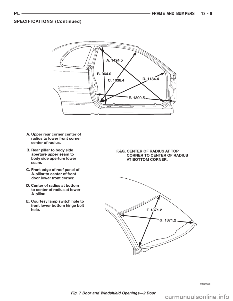 DODGE NEON 1999  Service Repair Manual Fig. 7 Door and Windshield OpeningsÐ2 Door
PLFRAME AND BUMPERS 13 - 9
SPECIFICATIONS (Continued) 