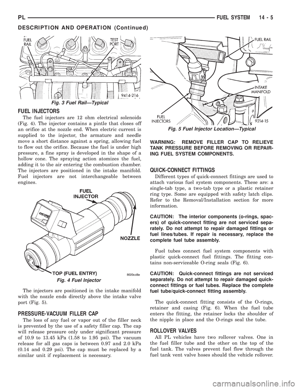 DODGE NEON 1999  Service Repair Manual FUEL INJECTORS
The fuel injectors are 12 ohm electrical solenoids
(Fig. 4). The injector contains a pintle that closes off
an orifice at the nozzle end. When electric current is
supplied to the inject