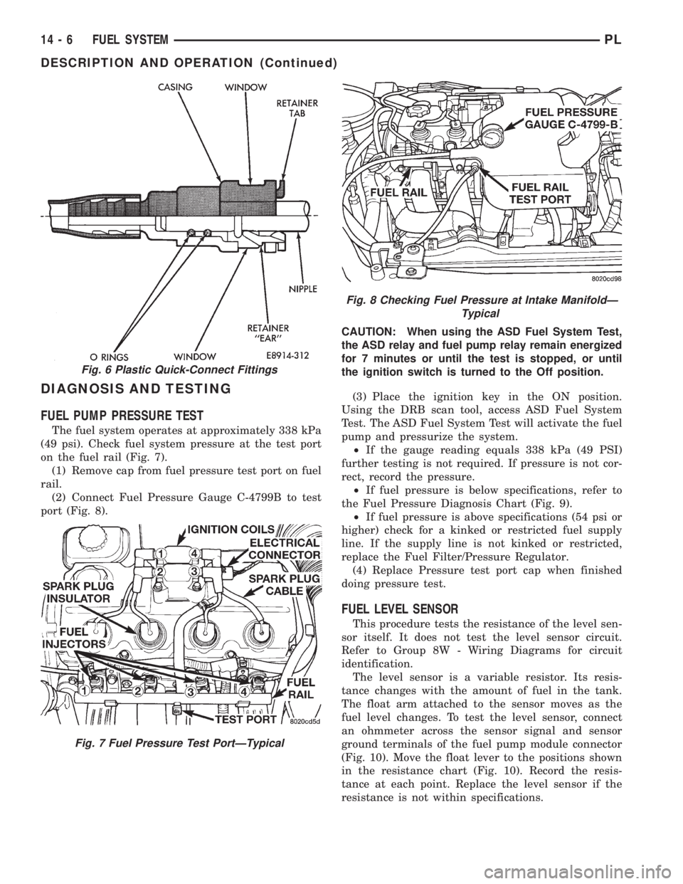 DODGE NEON 1999  Service Repair Manual DIAGNOSIS AND TESTING
FUEL PUMP PRESSURE TEST
The fuel system operates at approximately 338 kPa
(49 psi). Check fuel system pressure at the test port
on the fuel rail (Fig. 7).
(1) Remove cap from fue