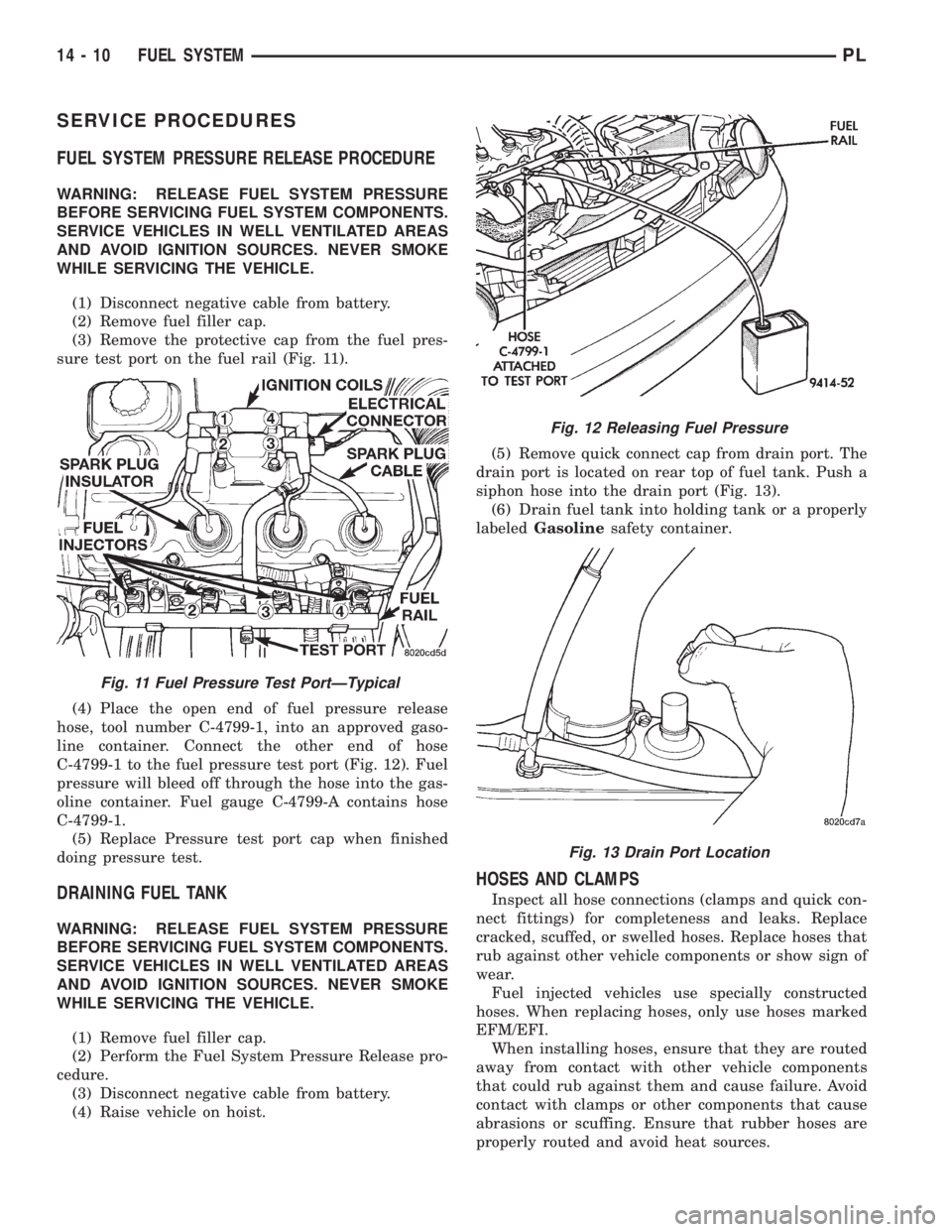 DODGE NEON 1999  Service Repair Manual SERVICE PROCEDURES
FUEL SYSTEM PRESSURE RELEASE PROCEDURE
WARNING: RELEASE FUEL SYSTEM PRESSURE
BEFORE SERVICING FUEL SYSTEM COMPONENTS.
SERVICE VEHICLES IN WELL VENTILATED AREAS
AND AVOID IGNITION SO