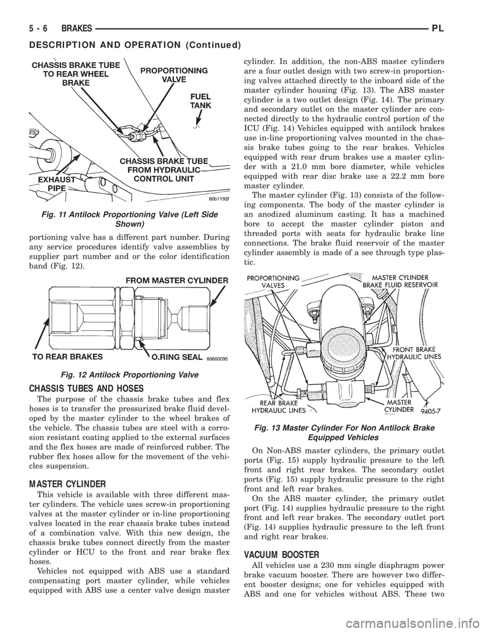 DODGE NEON 1999  Service Manual Online portioning valve has a different part number. During
any service procedures identify valve assemblies by
supplier part number and or the color identification
band (Fig. 12).
CHASSIS TUBES AND HOSES
Th