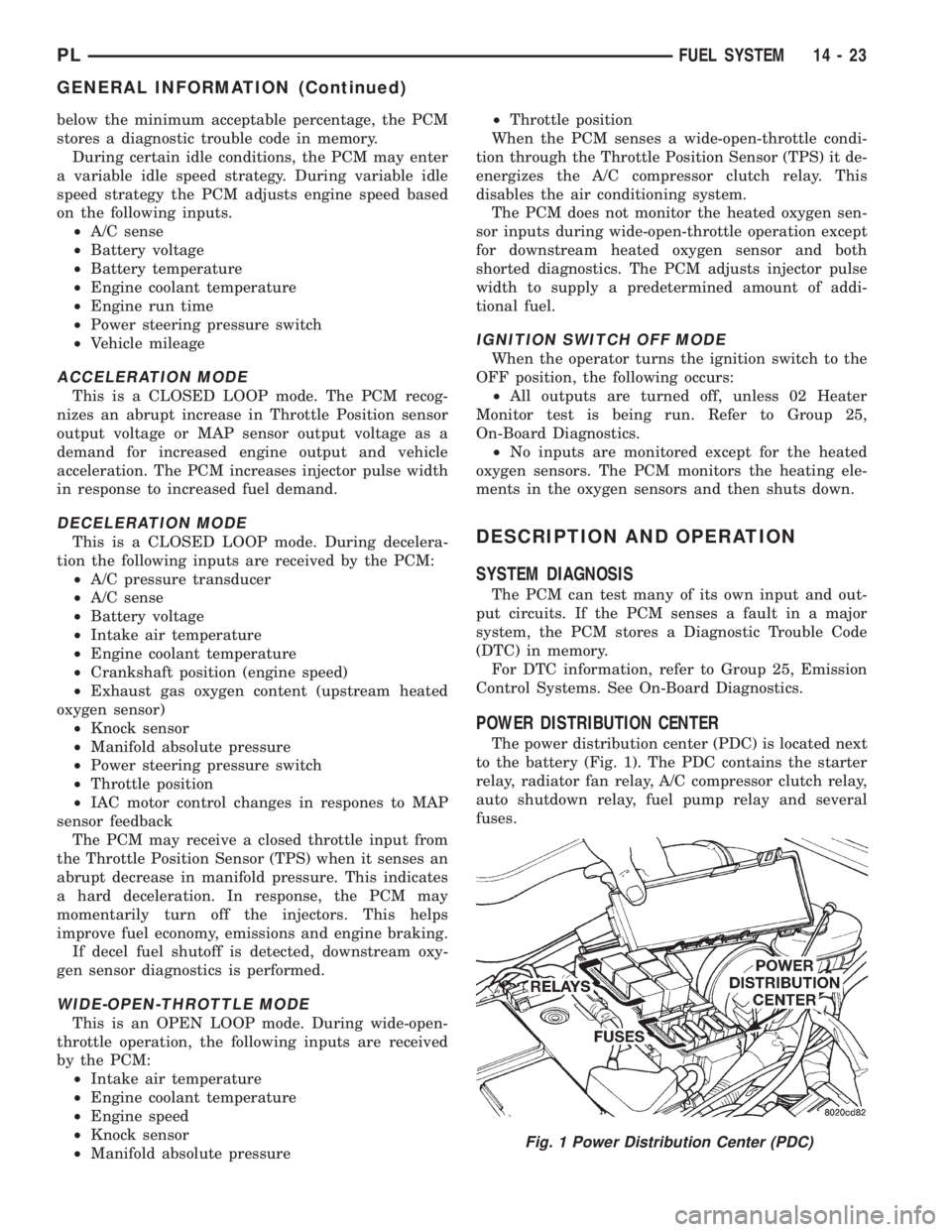 DODGE NEON 1999  Service Repair Manual below the minimum acceptable percentage, the PCM
stores a diagnostic trouble code in memory.
During certain idle conditions, the PCM may enter
a variable idle speed strategy. During variable idle
spee