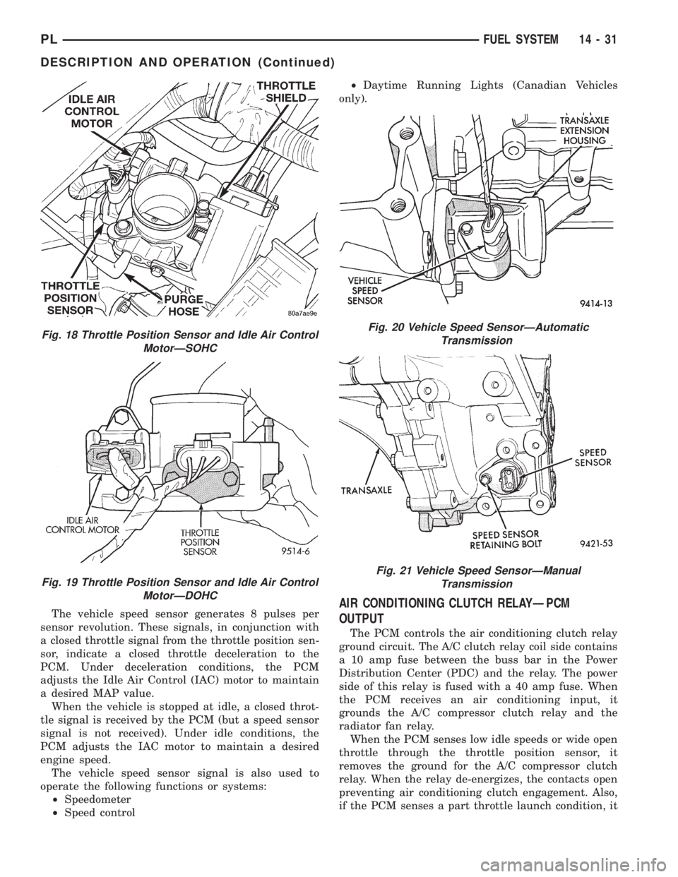 DODGE NEON 1999 Service Repair Manual The vehicle speed sensor generates 8 pulses per
sensor revolution. These signals, in conjunction with
a closed throttle signal from the throttle position sen-
sor, indicate a closed throttle decelerat DODGE NEON 1999 Service Repair Manual The vehicle speed sensor generates 8 pulses per
sensor revolution. These signals, in conjunction with
a closed throttle signal from the throttle position sen-
sor, indicate a closed throttle decelerat