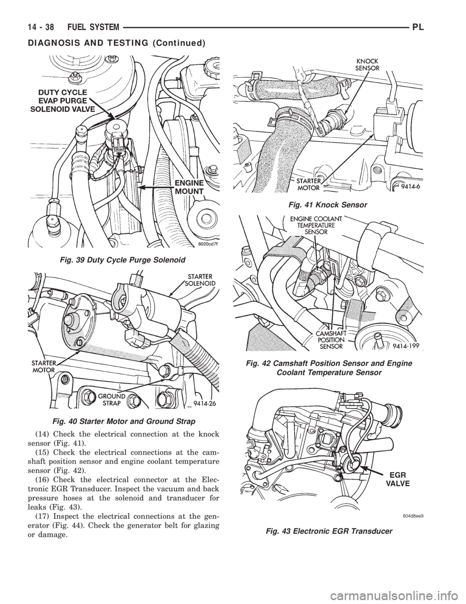 DODGE NEON 1999 Service Repair Manual (14) Check the electrical connection at the knock
sensor (Fig. 41).
(15) Check the electrical connections at the cam-
shaft position sensor and engine coolant temperature
sensor (Fig. 42).
(16) Check DODGE NEON 1999 Service Repair Manual (14) Check the electrical connection at the knock
sensor (Fig. 41).
(15) Check the electrical connections at the cam-
shaft position sensor and engine coolant temperature
sensor (Fig. 42).
(16) Check
