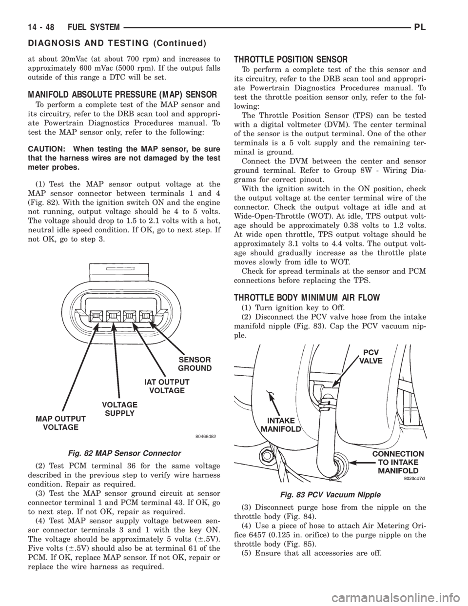 DODGE NEON 1999 Service Repair Manual at about 20mVac (at about 700 rpm) and increases to
approximately 600 mVac (5000 rpm). If the output falls
outside of this range a DTC will be set.
MANIFOLD ABSOLUTE PRESSURE (MAP) SENSOR
To perform a DODGE NEON 1999 Service Repair Manual at about 20mVac (at about 700 rpm) and increases to
approximately 600 mVac (5000 rpm). If the output falls
outside of this range a DTC will be set.
MANIFOLD ABSOLUTE PRESSURE (MAP) SENSOR
To perform a