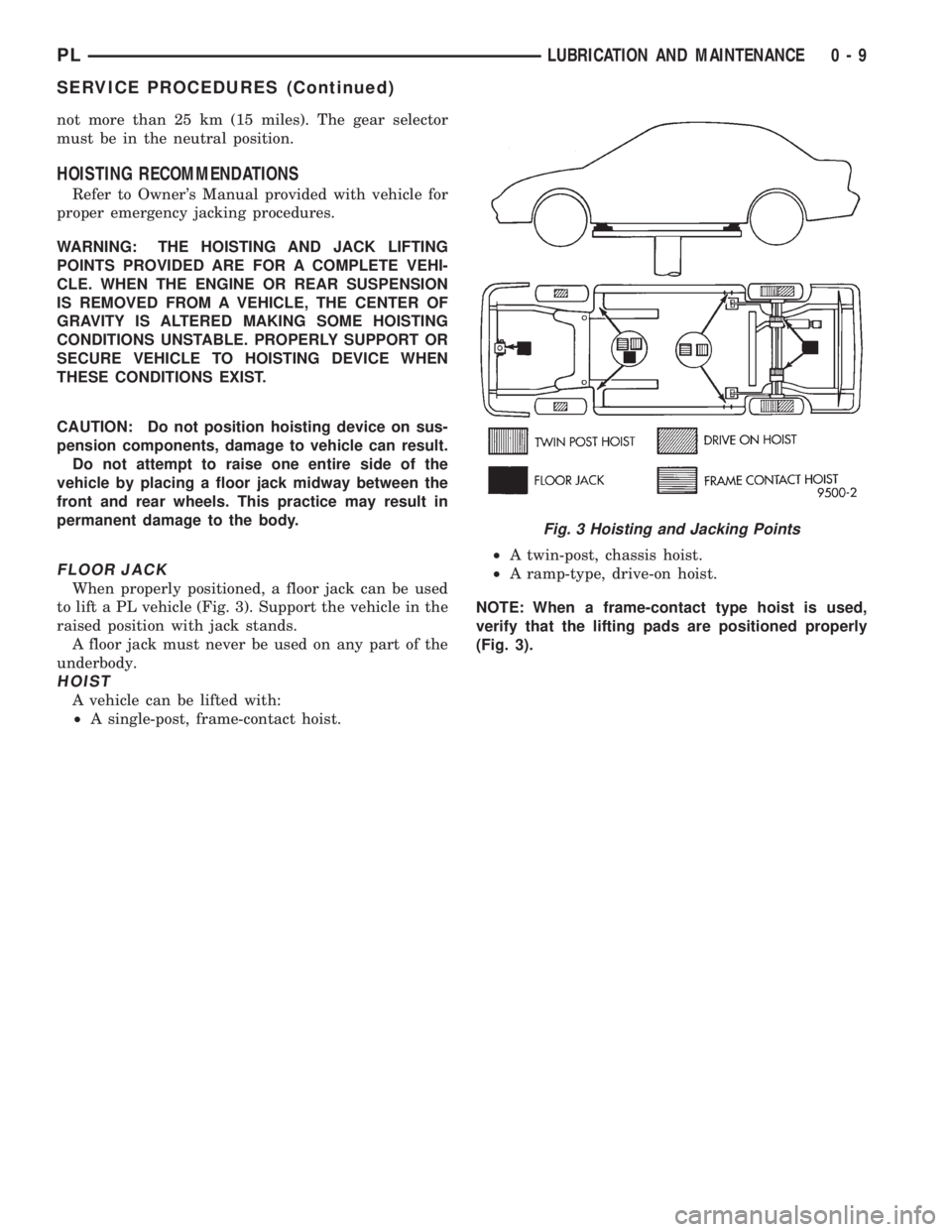 DODGE NEON 1999  Service Repair Manual not more than 25 km (15 miles). The gear selector
must be in the neutral position.
HOISTING RECOMMENDATIONS
Refer to Owners Manual provided with vehicle for
proper emergency jacking procedures.
WARNI