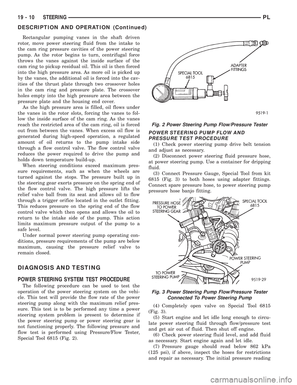 DODGE NEON 1999 Service Repair Manual Rectangular pumping vanes in the shaft driven
rotor, move power steering fluid from the intake to
the cam ring pressure cavities of the power steering
pump. As the rotor begins to turn, centrifugal fo DODGE NEON 1999 Service Repair Manual Rectangular pumping vanes in the shaft driven
rotor, move power steering fluid from the intake to
the cam ring pressure cavities of the power steering
pump. As the rotor begins to turn, centrifugal fo