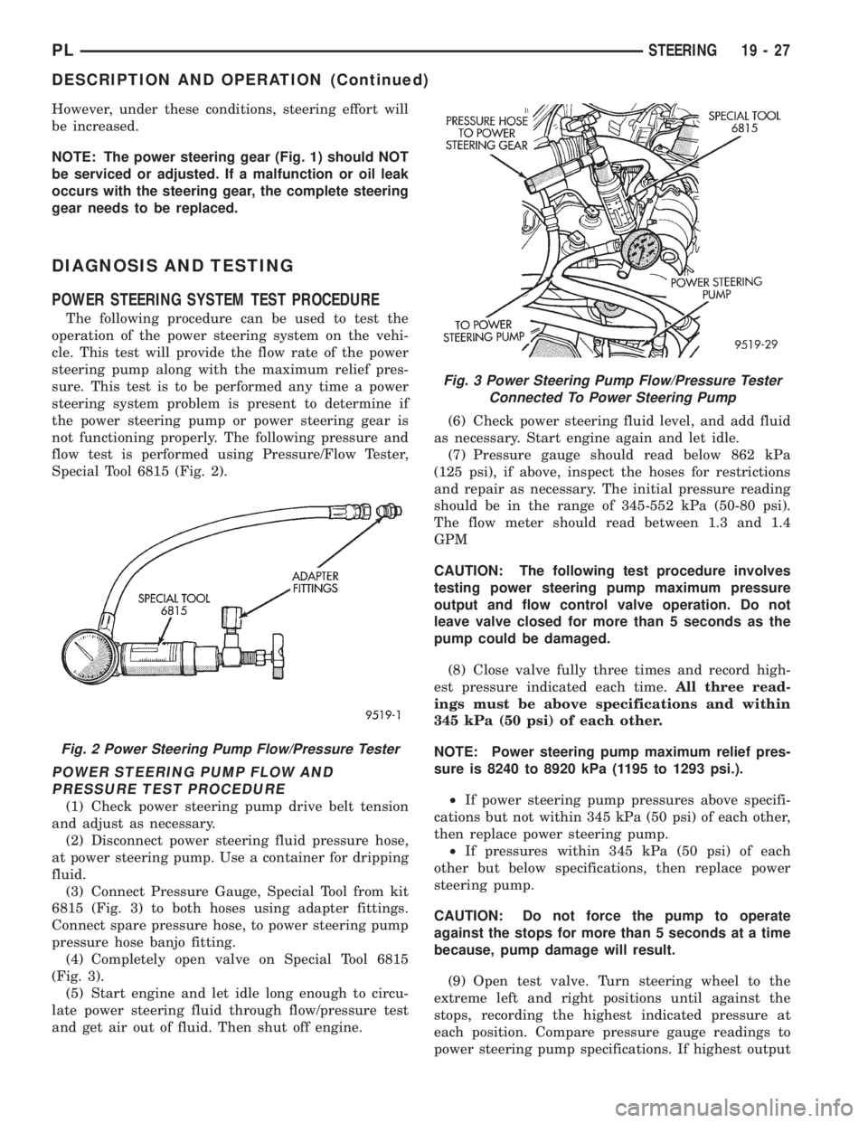 DODGE NEON 1999 Service Repair Manual However, under these conditions, steering effort will
be increased.
NOTE: The power steering gear (Fig. 1) should NOT
be serviced or adjusted. If a malfunction or oil leak
occurs with the steering gea DODGE NEON 1999 Service Repair Manual However, under these conditions, steering effort will
be increased.
NOTE: The power steering gear (Fig. 1) should NOT
be serviced or adjusted. If a malfunction or oil leak
occurs with the steering gea